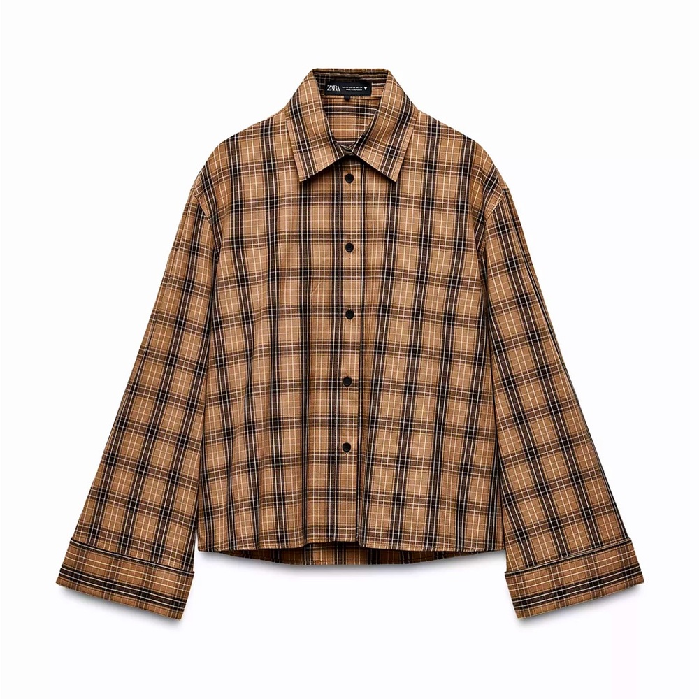 Zara Tan and Black Plaid Button Down Shirt